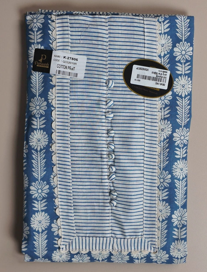 Blue Floral Elegance Cotton Suit Set - Blue - Picture 1