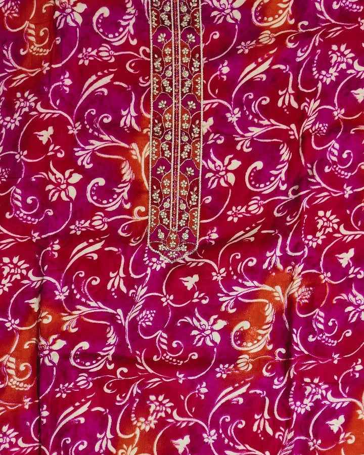 Vibrant Pink Floral Suit with Embroidered Border - Crimson Red - Picture 2