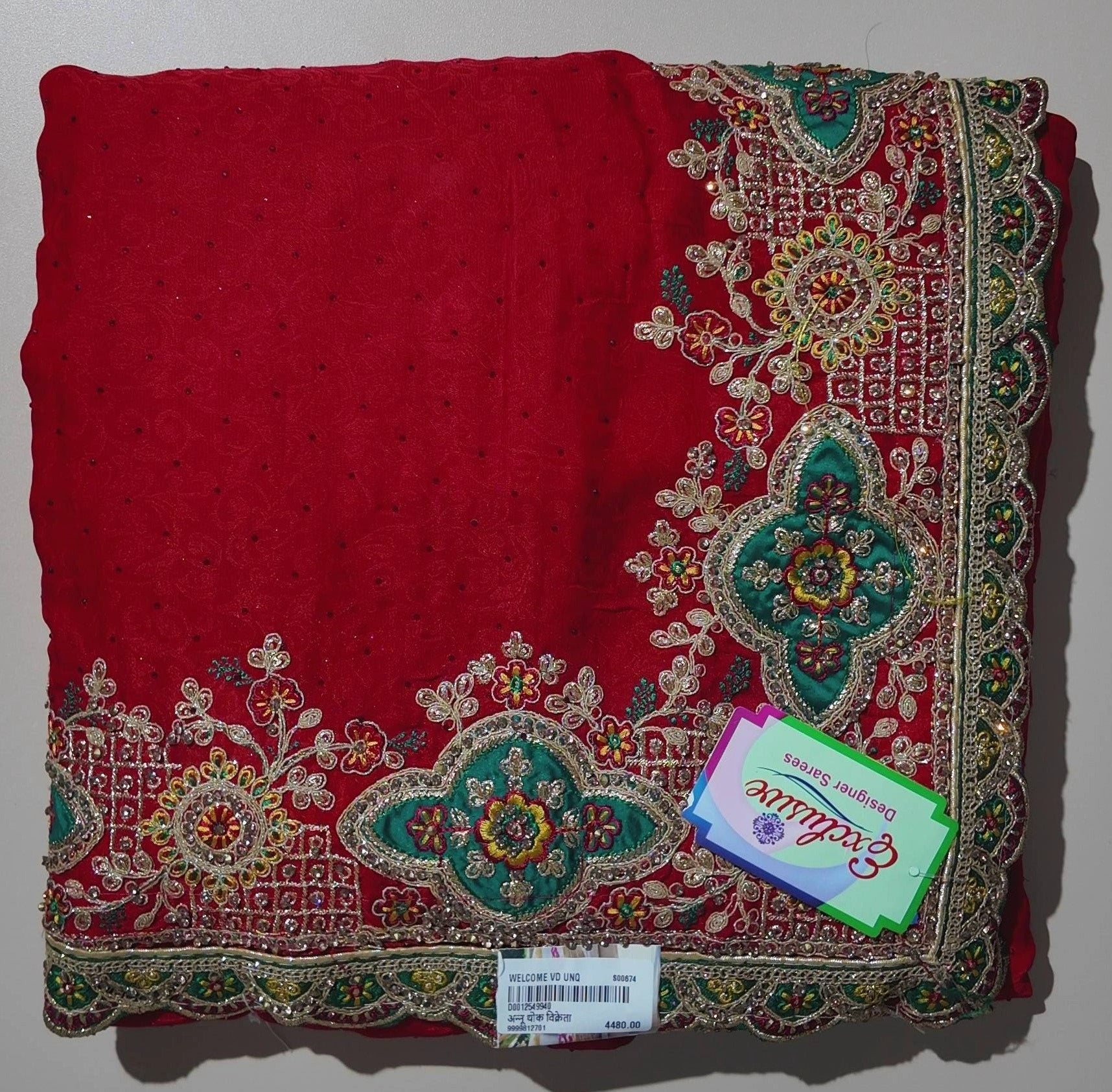 Elegant Red Floral Embroidered Saree - Red - Picture 1