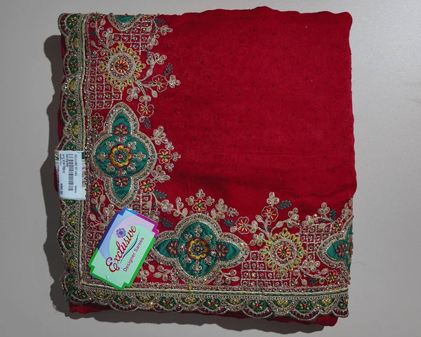 Elegant Red Floral Embroidered Saree - Red - Picture 1