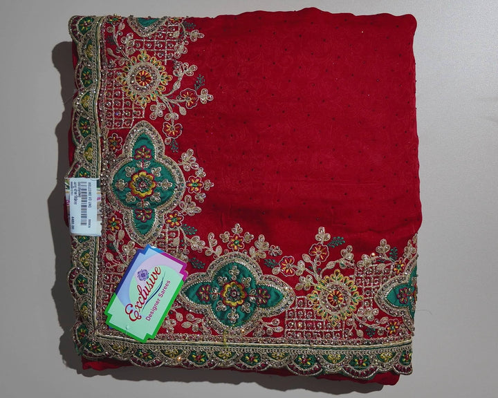 Elegant Red Floral Embroidered Saree - Red - Picture 1