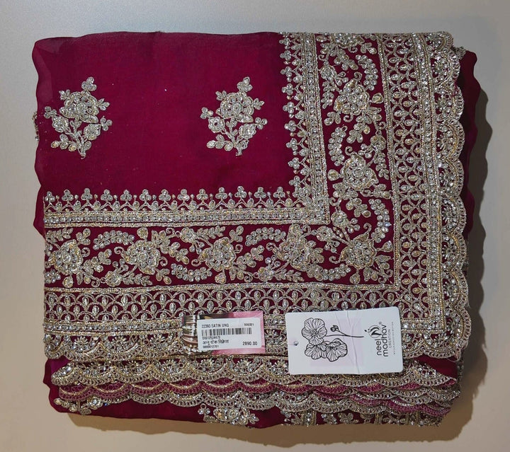 Elegant Maroon Zari Embroidered Silk Saree - Maroon - Picture 1