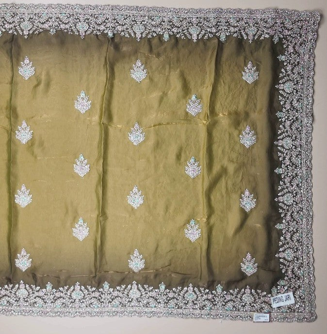 Elegant Olive Green Zari Embroidered Saree - Olive green - Picture 4