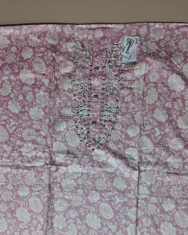 Blush Pink Floral Cotton Suit with Mirror Work - Light pink - Picture 3