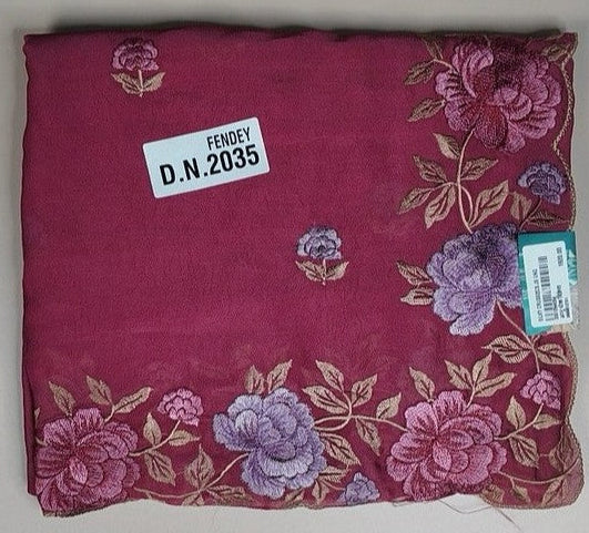 Elegant Pink Floral Embroidered Chiffon Saree - Dark red - Picture 1