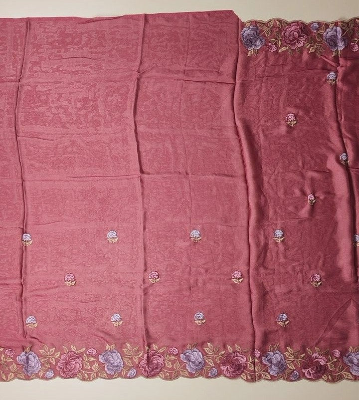 Elegant Pink Floral Embroidered Chiffon Saree - Dark red - Picture 4