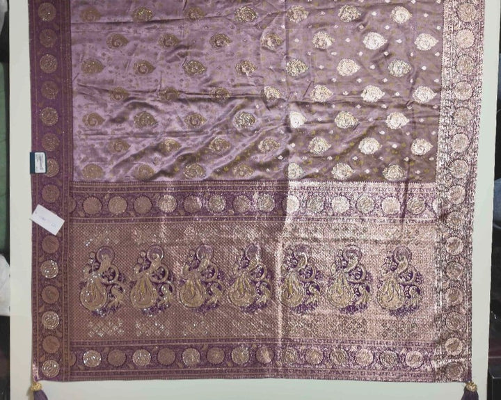 Regal Purple Banarasi Silk Saree with Gold Motifs - Purple - Picture 3