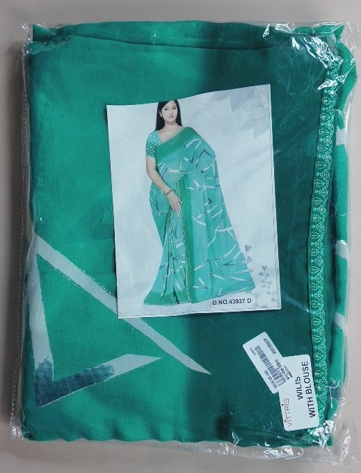 Elegant Teal Geometric Design Saree with Blouse - Light Blue - Picture 2