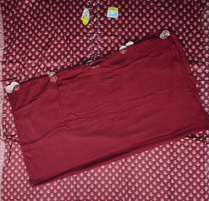 Elegant Maroon Leaf Pattern Cotton Saree - Maroon - Picture 5