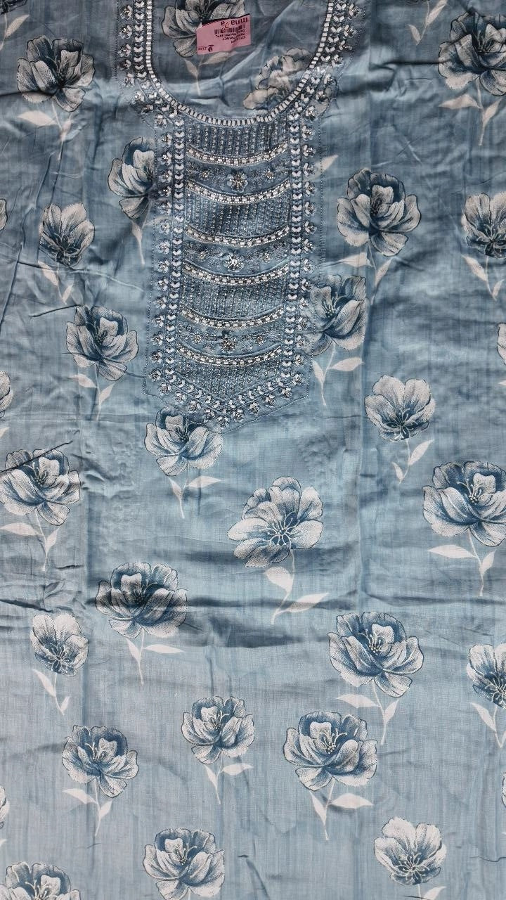 Elegant Blue Floral Cotton Kurti Set - Light Blue - Picture 2