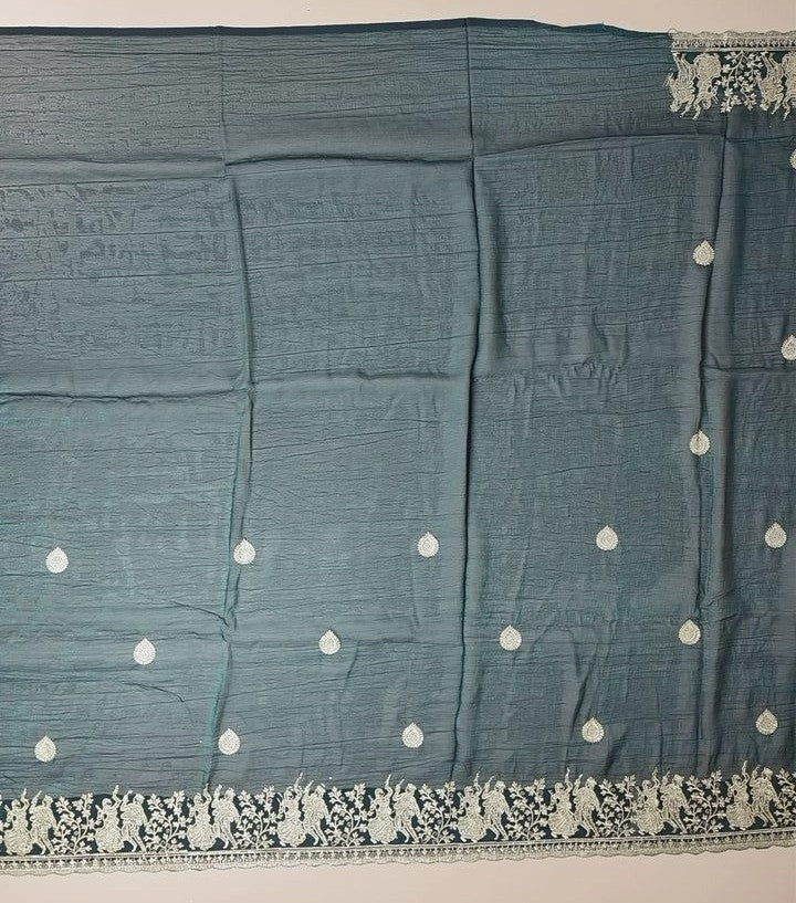 Elegant Teal Embroidered Saree with Zari Border - Dark teal - Picture 4