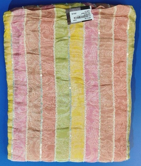 Pastel Striped Chiffon Saree with Sequin Accents - Pink - Picture 1