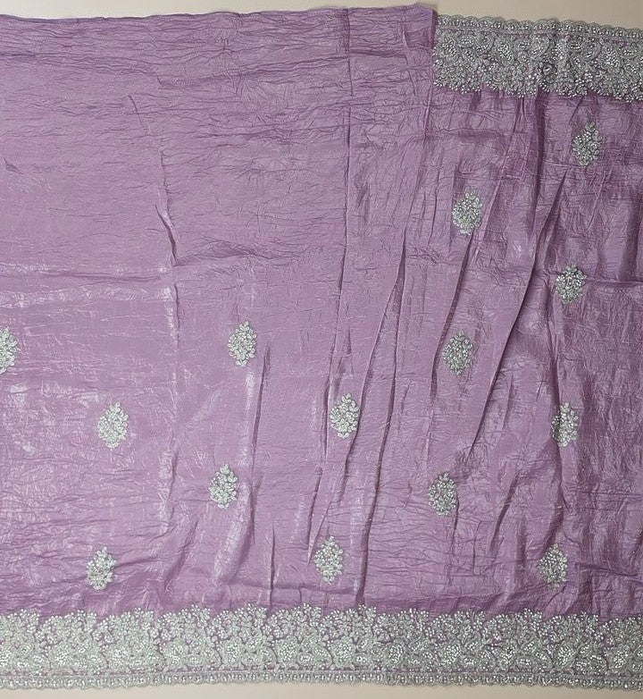 Lavender Elegance: Embroidered Silk Saree - Purple - Picture 4