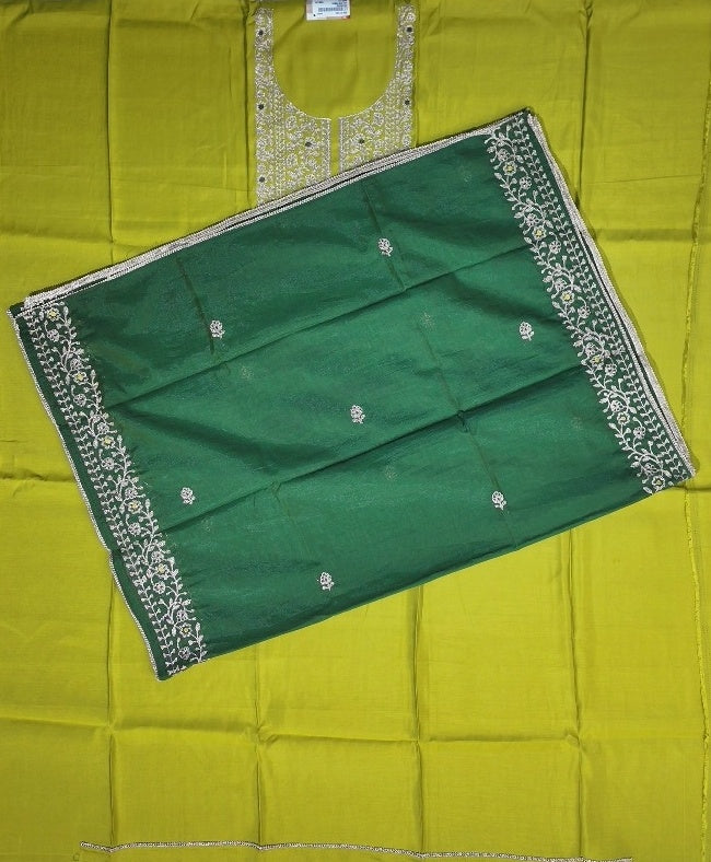 Vibrant Green Embroidered Silk Suit Set - Olive green - Picture 4