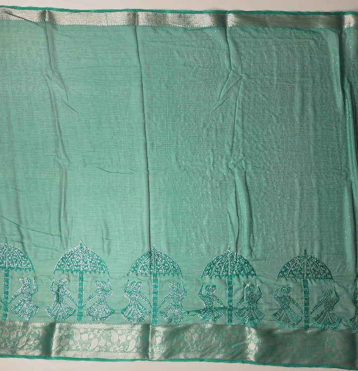 Elegant Green Banarasi Saree with Dancing Motifs - Teal - Picture 5