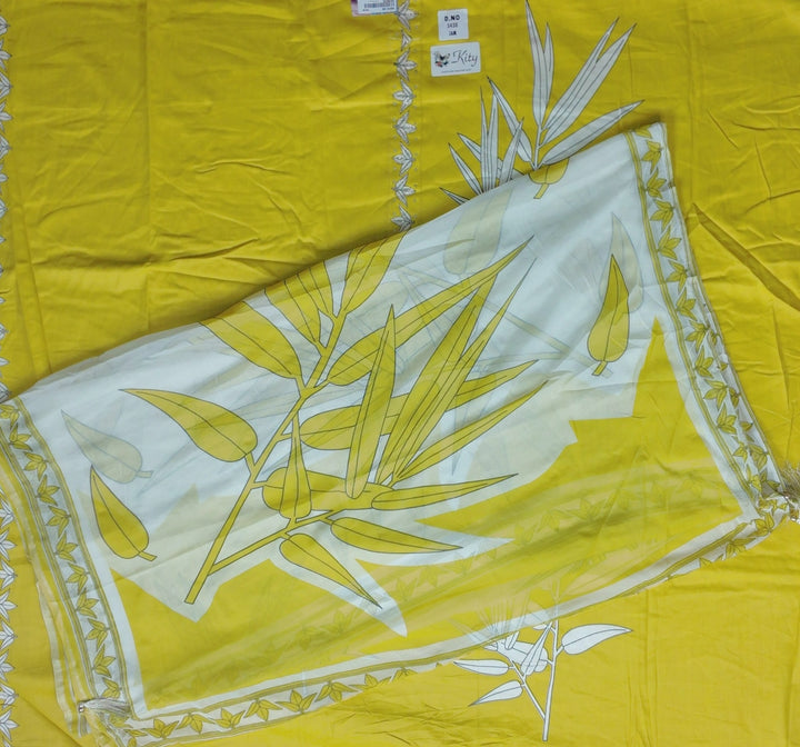 Sunny Yellow Leaf Print Cotton Suit Set - Yellow - Picture 2