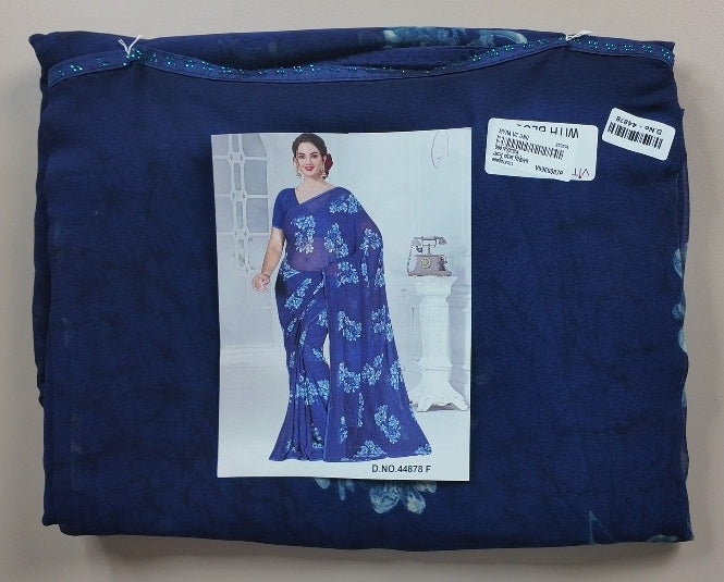 Elegant Navy Blue Floral Chiffon Saree - White (1) - Picture 3