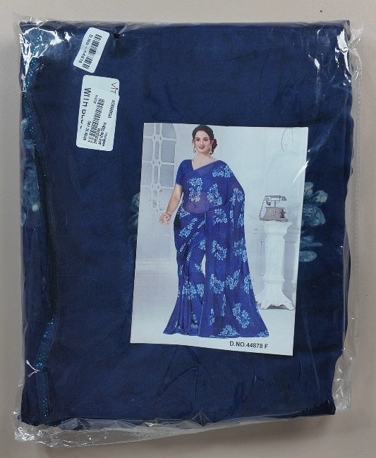 Elegant Navy Blue Floral Chiffon Saree - White (1) - Picture 2