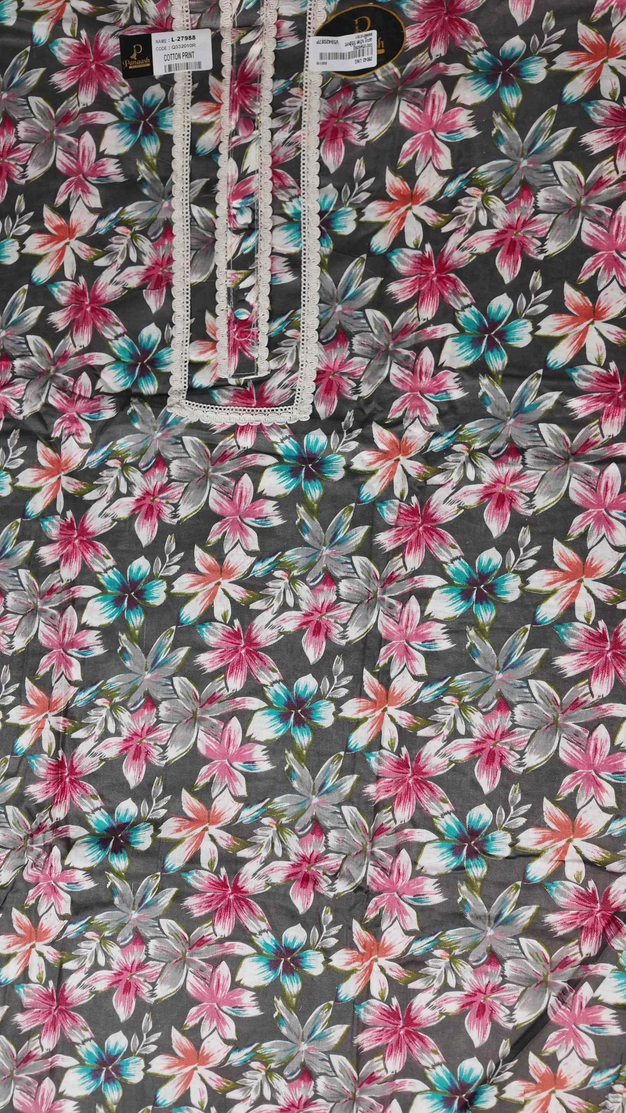 Floral Elegance Cotton Kurta Set - Dark gray - Picture 3