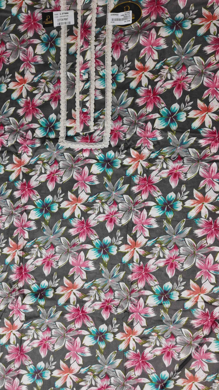 Floral Elegance Cotton Kurta Set - Dark gray - Picture 3