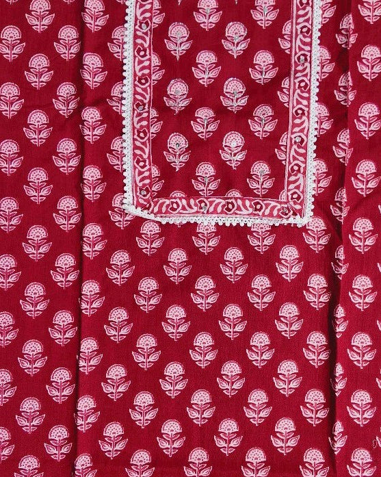 Elegant Red Floral Block Print Cotton Suit - Red - Picture 3