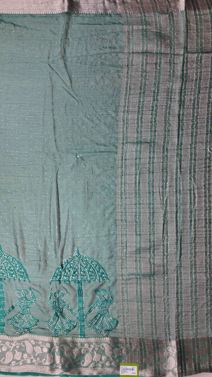 Elegant Green Banarasi Saree with Dancing Motifs - Teal - Picture 3