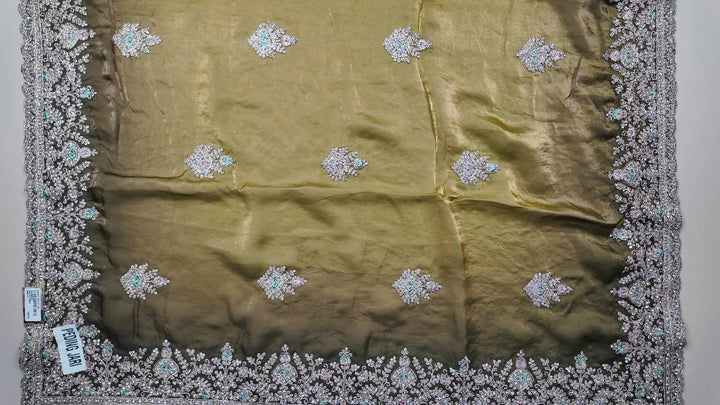 Elegant Olive Green Zari Embroidered Saree - Olive green - Picture 3
