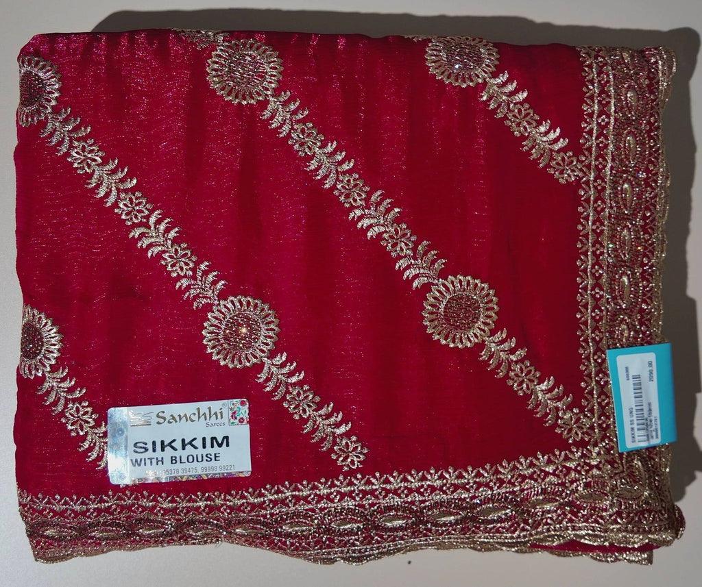Elegant Red Silk Saree with Gold Embroidery - Red - Picture 1