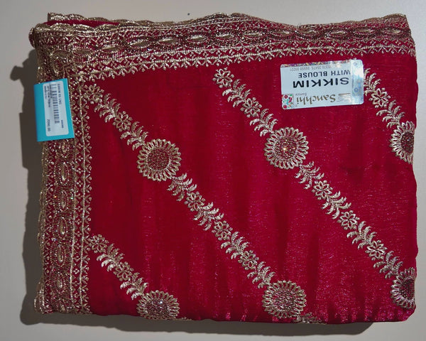 Elegant Red Silk Saree with Gold Embroidery - Red - Picture 1