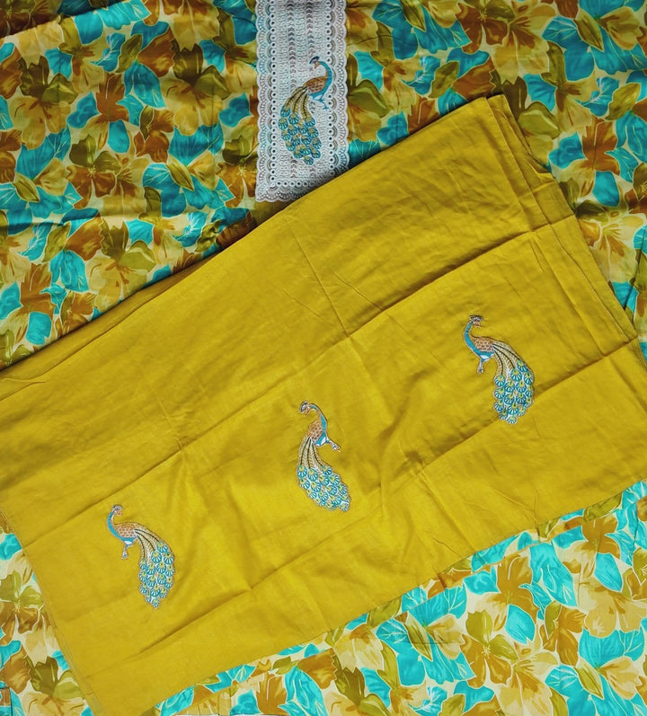 Vibrant Peacock Embroidered Floral Suit - Mustard yellow - Picture 5