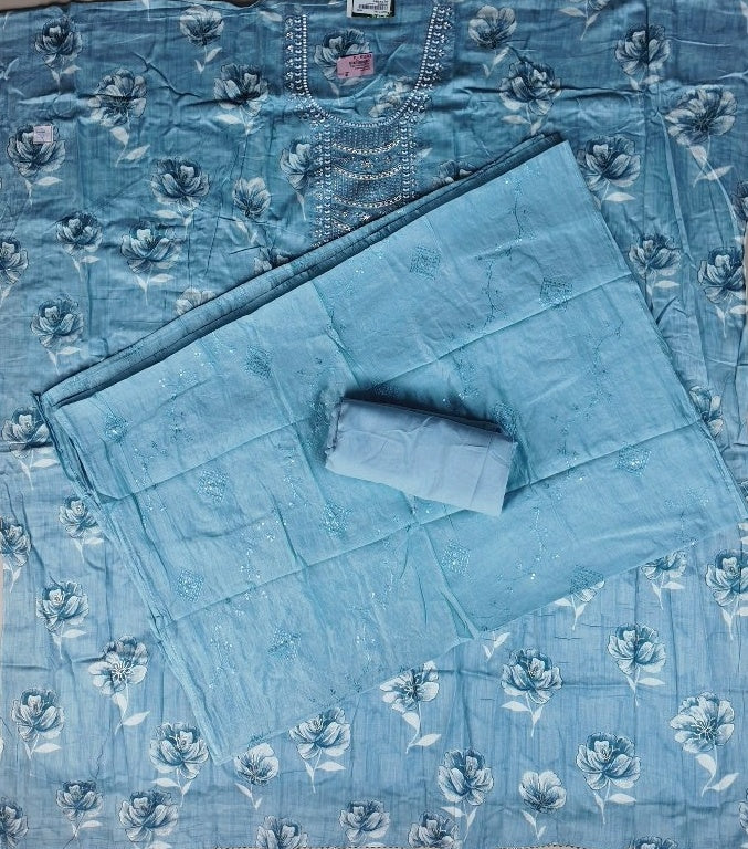 Elegant Blue Floral Cotton Kurti Set - Light Blue - Picture 5
