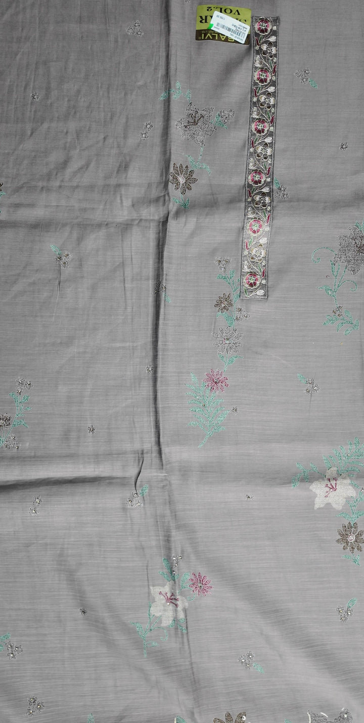 Elegant Grey Floral Embroidered Chanderi Suit - Gray - Picture 2