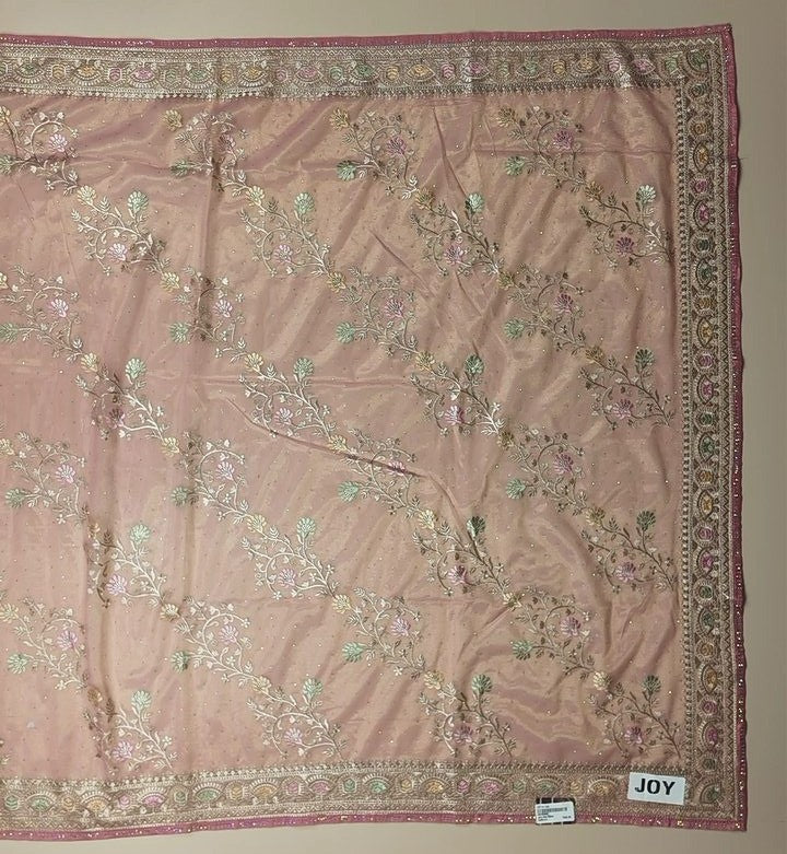 Elegant Blush Pink Floral Embroidered Saree - Pink - Picture 3