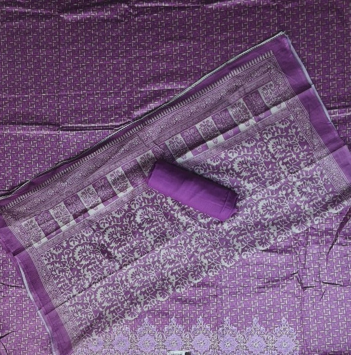 Elegant Purple Geometric Pattern Silk Suit - Purple - Picture 5