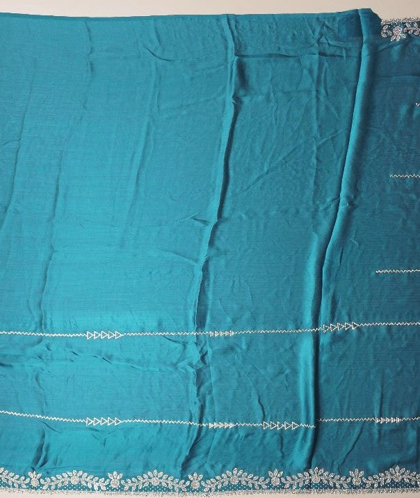 Teal Elegance: Handcrafted Embroidered Saree - Teal - Picture 4