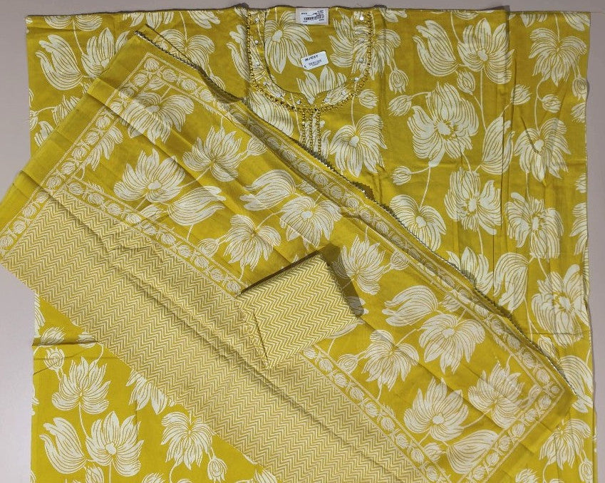 Sunny Yellow Floral Suit with Embellished Neckline - Mustard yellow - Picture 4