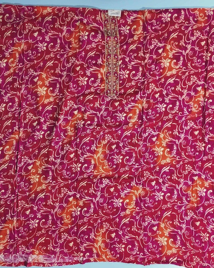 Vibrant Pink Floral Suit with Embroidered Border - Crimson Red - Picture 3