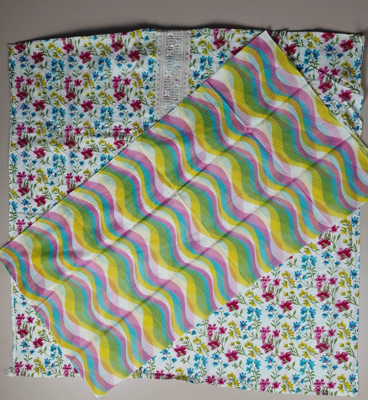 Vibrant Floral & Lace Kurta Fabric Set - White - Picture 3