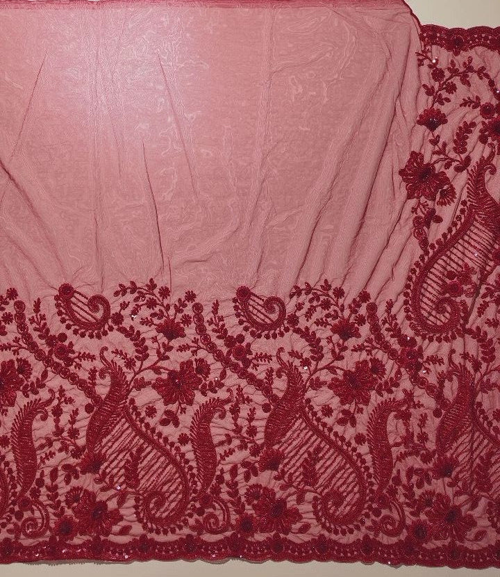 Elegant Ruby Red Floral Embroidered Fabric - Red - Picture 4