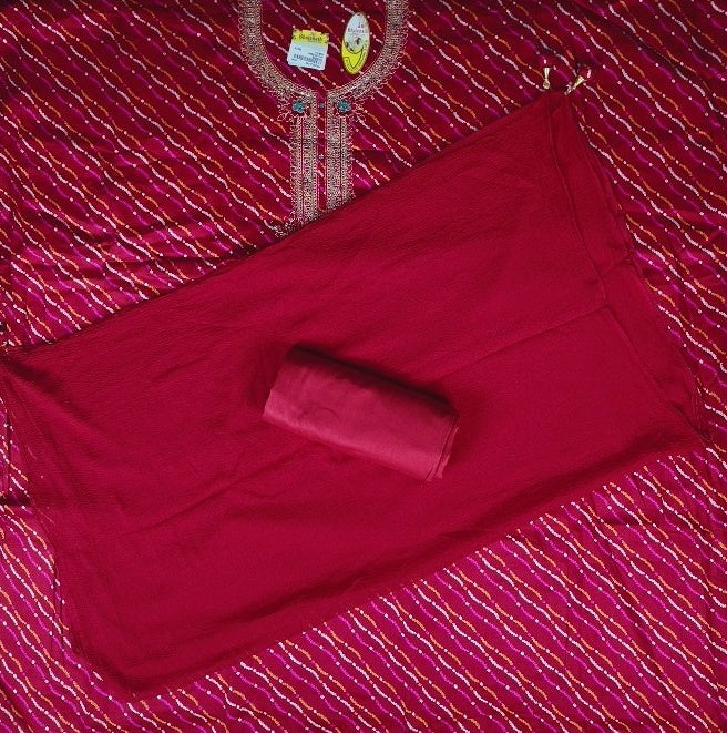 Elegant Maroon Bandhani Suit with Embroidered Neckline - Red - Picture 6