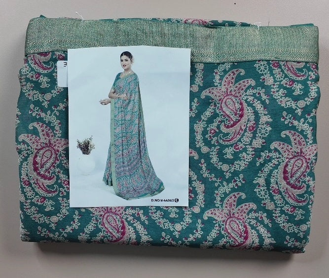 Elegant Teal Paisley Print Saree - White (2) - Picture 2