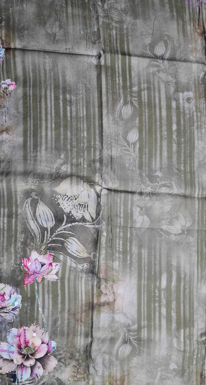 Elegant Floral Green Digital Print Suit - Olive green - Picture 3