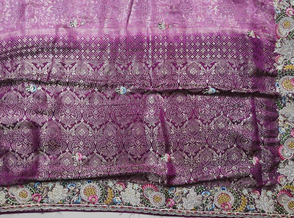 Elegant Purple Brocade Saree with Floral Embroidery - Purple - Picture 3