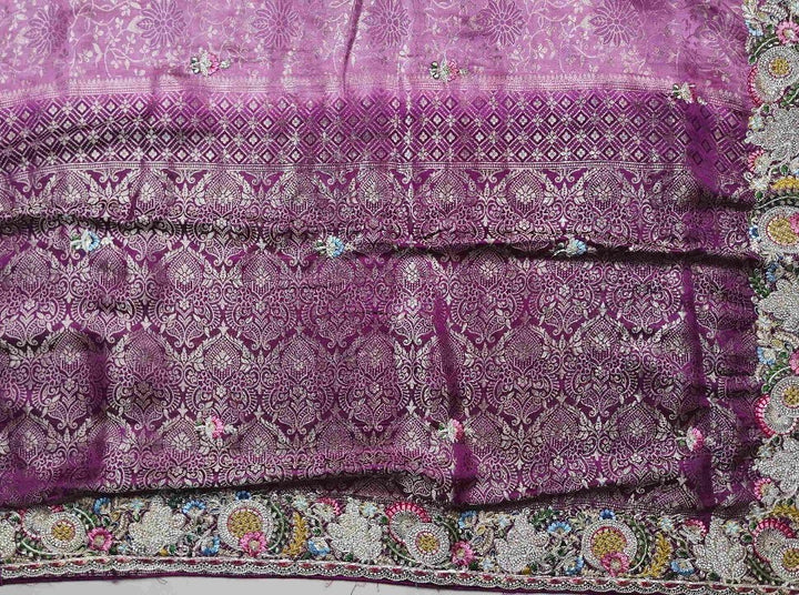 Elegant Purple Brocade Saree with Floral Embroidery - Purple - Picture 3