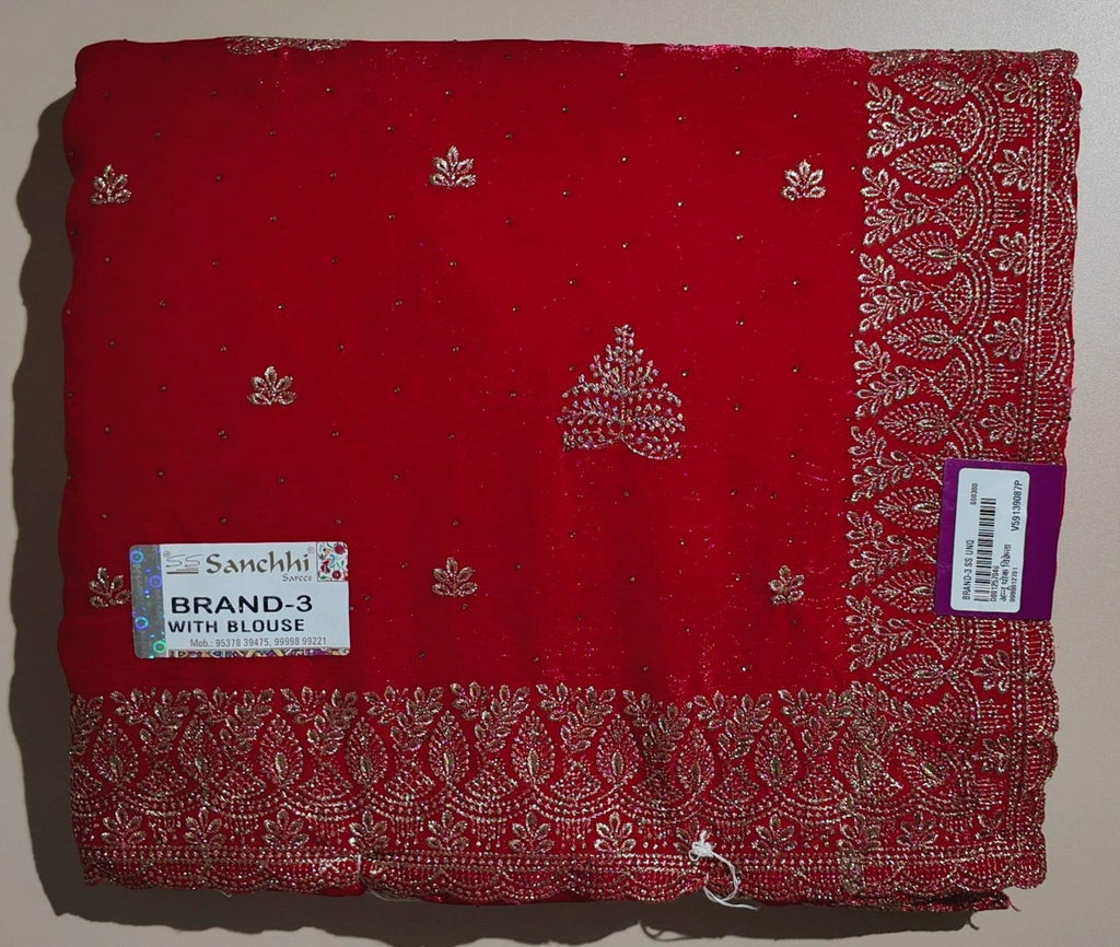 Elegant Red Embroidered Saree with Blouse - Red - Picture 1