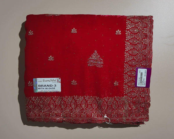 Elegant Red Embroidered Saree with Blouse - Red - Picture 1
