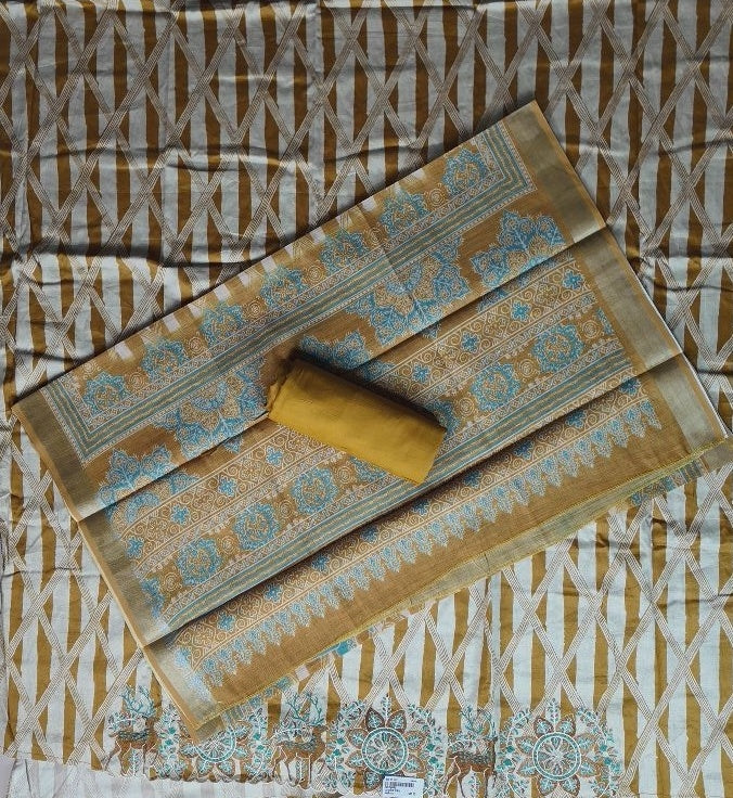 Elegant Mustard Embroidered Chanderi Silk Saree - Golden brown - Picture 5