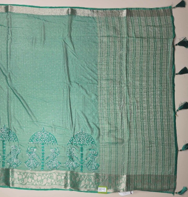 Elegant Green Banarasi Saree with Dancing Motifs - Teal - Picture 4