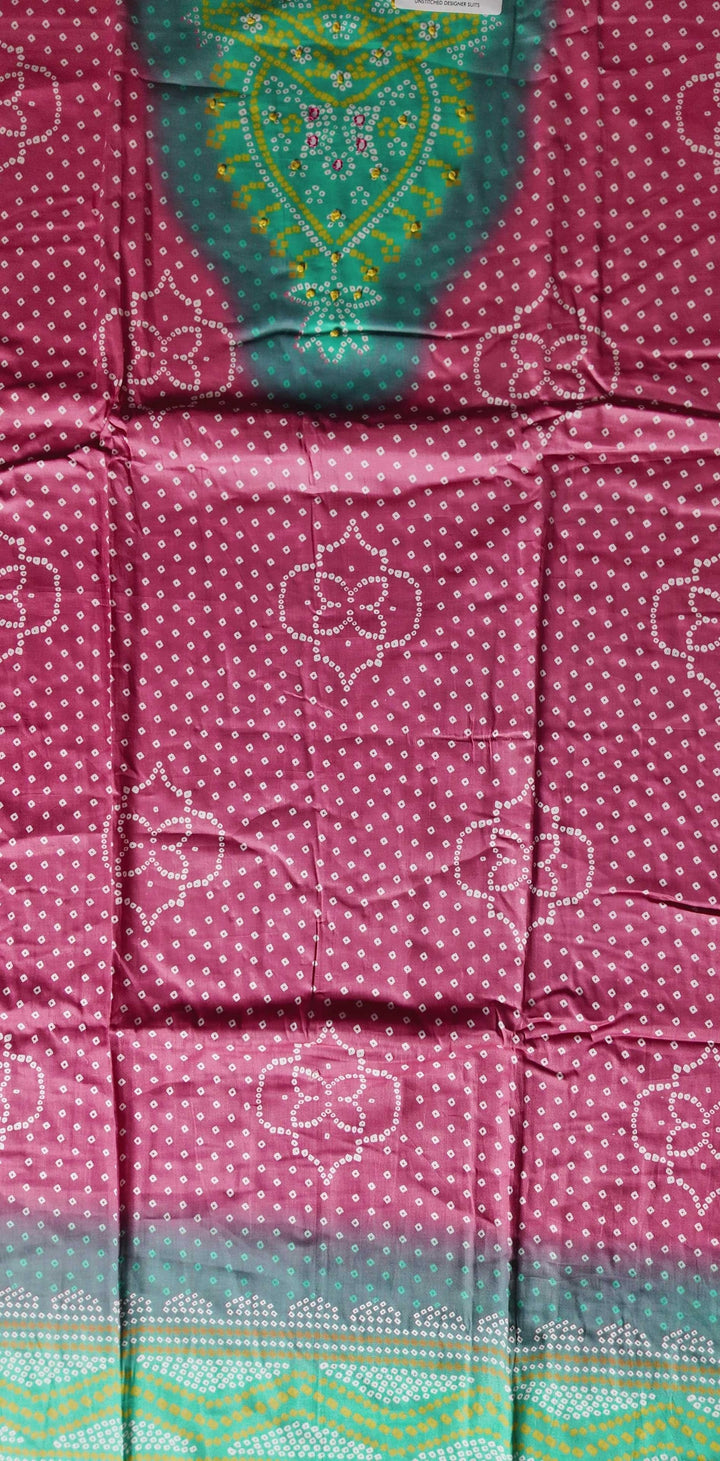 Vibrant Teal & Magenta Bandhani Unstitched Suit - Teal - Picture 2