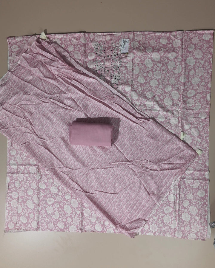 Blush Pink Floral Cotton Suit with Mirror Work - Light pink - Picture 4